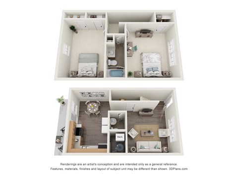 Floor plan for 2 beds, 1.5 baths, 1050 sqft